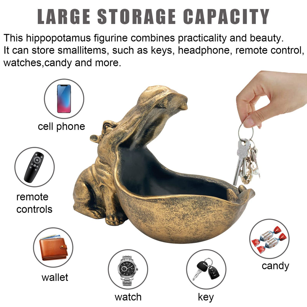 Hippo Statue Candy Dish, Funny Big Mouth Container Key Bowl, Gold