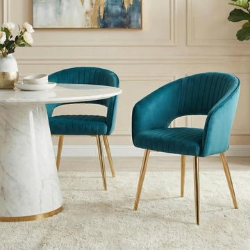 Modern Velvet Dining Chairs Set of 2, Upholstered Gold Dining Chairs with Hollow Back, Dining Room Chairs with Gold