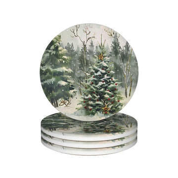 Winter Christmas Tree Coasters for Drinks Red Bell Absorbent Ceramic Coaster Set of 4 for Coffee Table Cup Bar