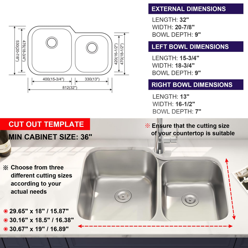 32 Inch Undermount 60/40 Double Bowl Kitchen Sink