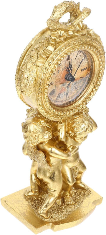 Vintage Table Clock, Battery Operated Rustic Cupid Table Clock Home Decor for Fireplace Mantel, Shelf, Desktop, Countertop Golden