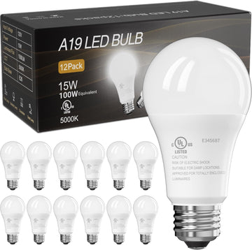 12 Pack LED Light Bulbs, 100 Watt Equivalent A19, 5000K Daylight LED Bulb, 15W Bright White Energy Saving Lightbulbs