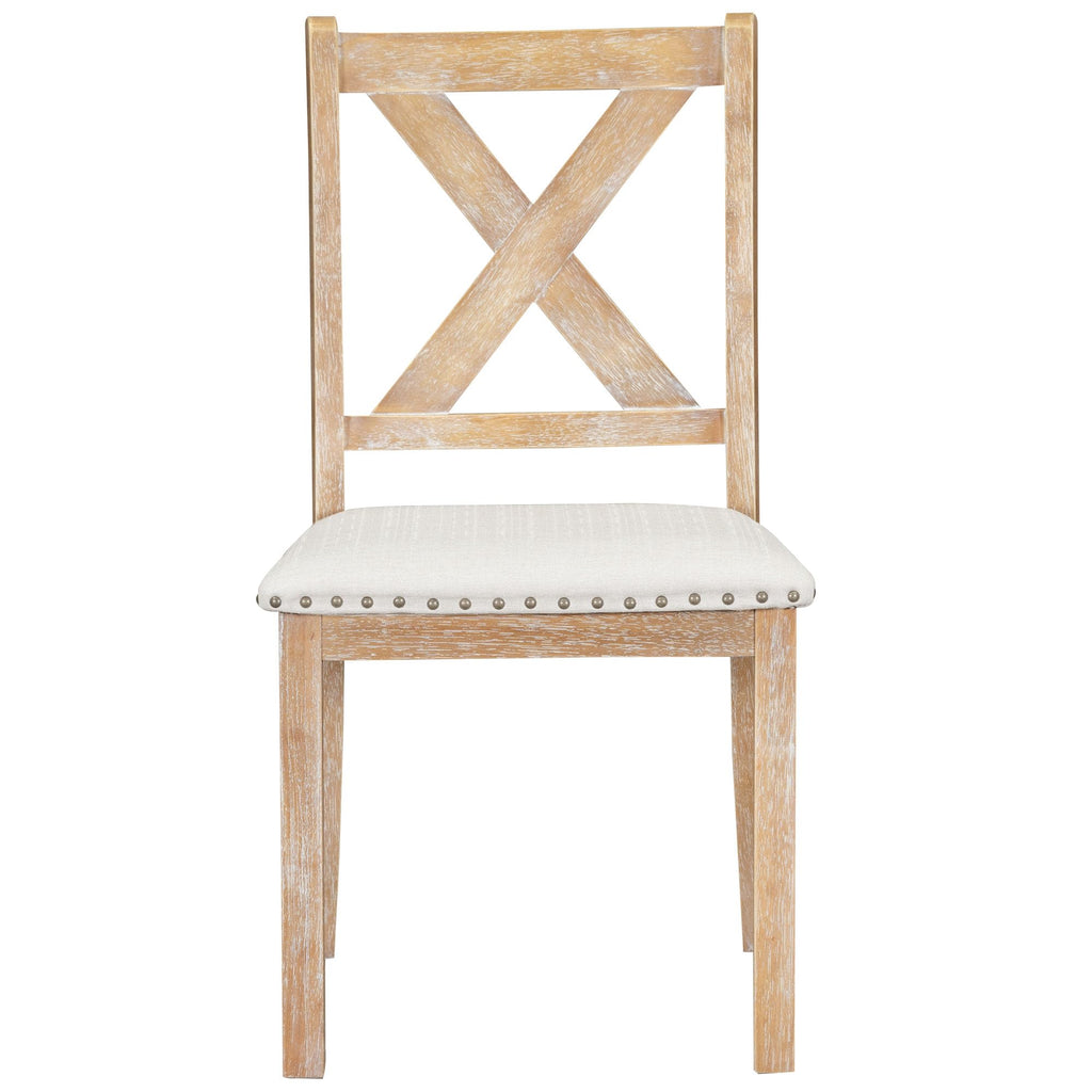 Extendable Dining Table Set with Bench and Upholstered Chairs, Natural+Beige