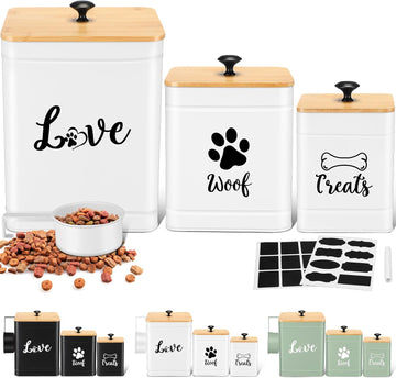 Metal Dog Treat Containers Set of 3 with Bamboo Lids and Spoon Airtight 7+3+2 lbs Dog Food Snack Jars with DIY Labels