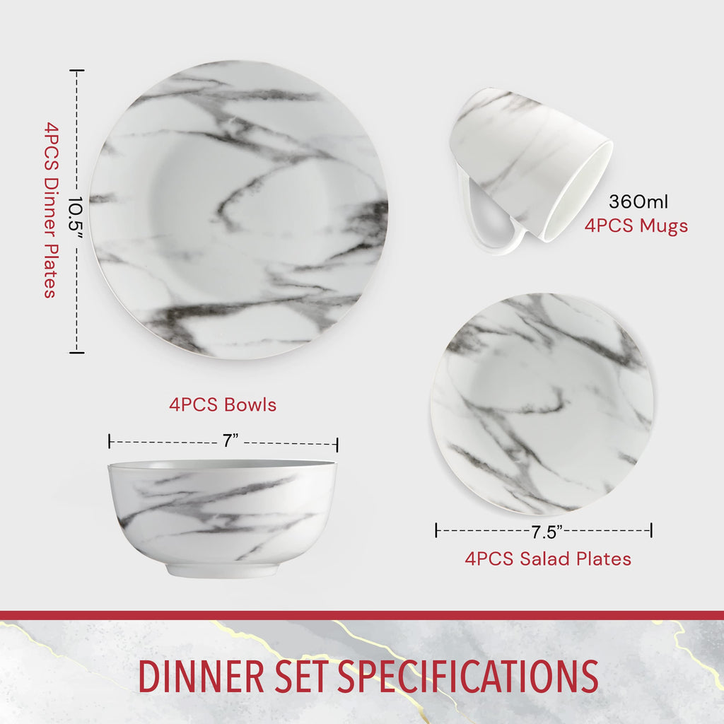 16-Piece Marble Dinnerware Set, Porcelain, White