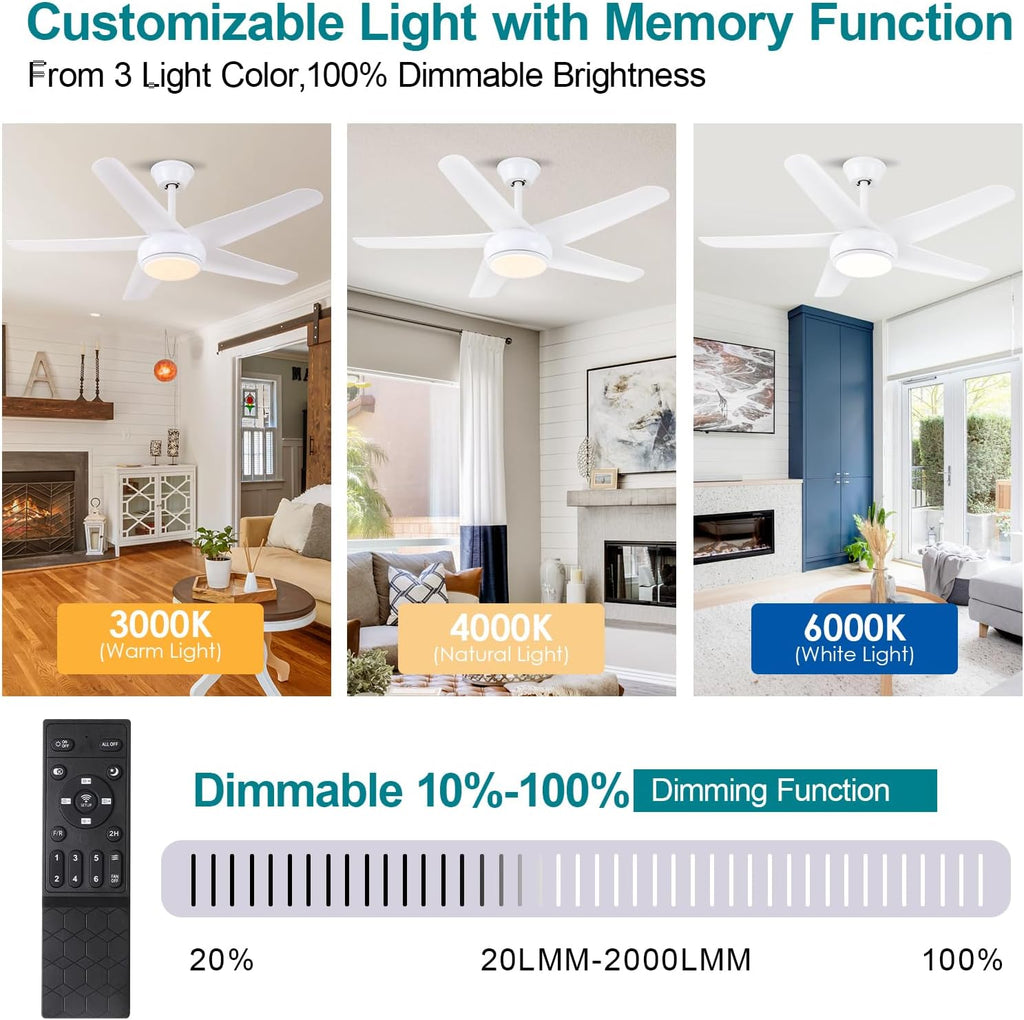 White Ceiling Fans with Lights - 44" Modern Ceiling Fans with 5 Blades and 3CCT Dimmable, Low Profile Ceiling Light Fixture, Indoor/Outdoor Ceiling Fan Light for Bedroom, Covered Patios