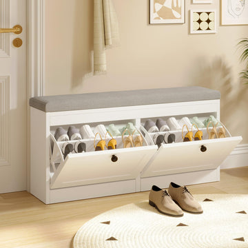 Shoe Bench with 2 Flip Drawers, Shoe Organizer Storage Bench with Adjustable Shelves (White)