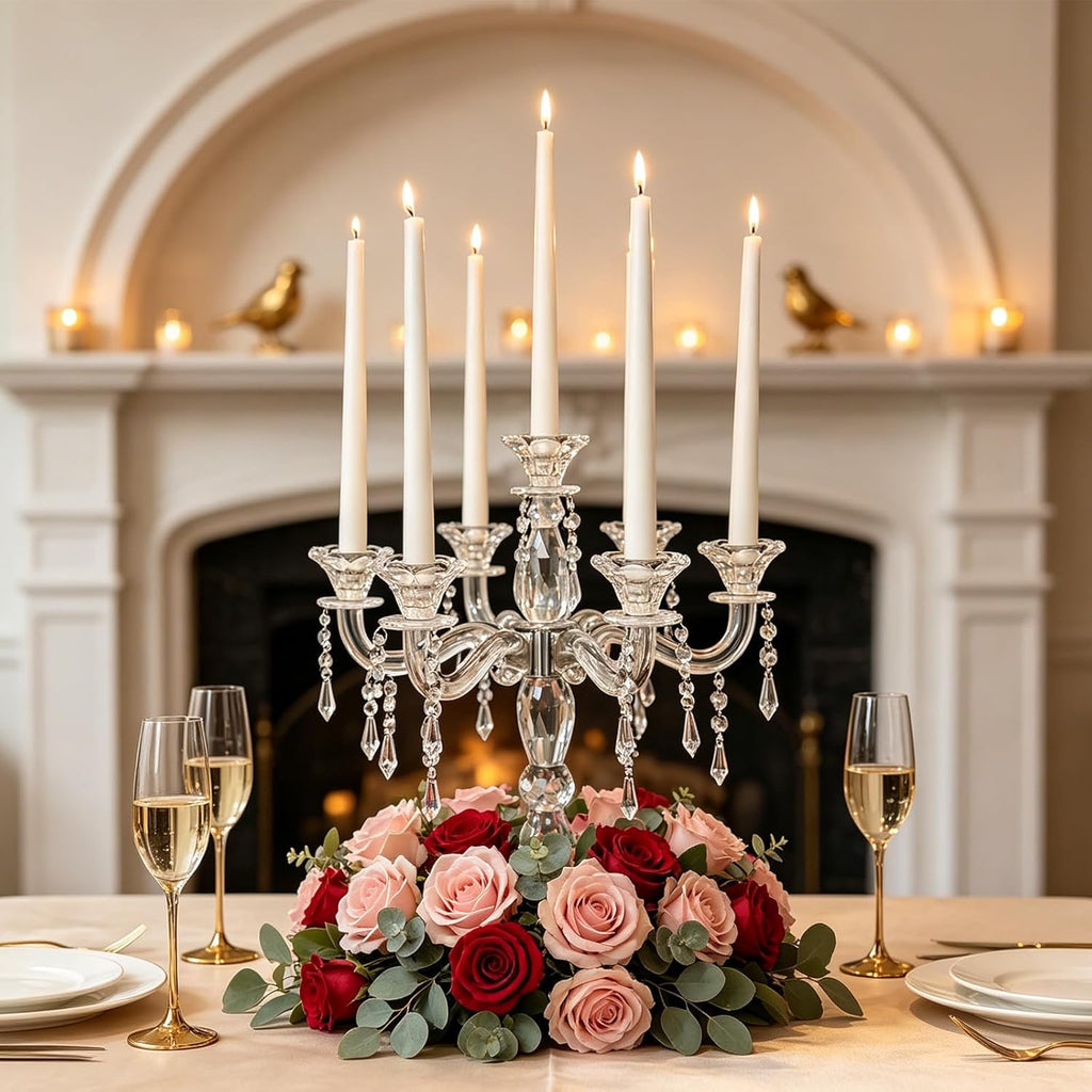 14inch Clear Crystal Candle Holder, Elegant 7-Arms Candlestick Holders Crystal Candelabra Decorative Pillar Candle
