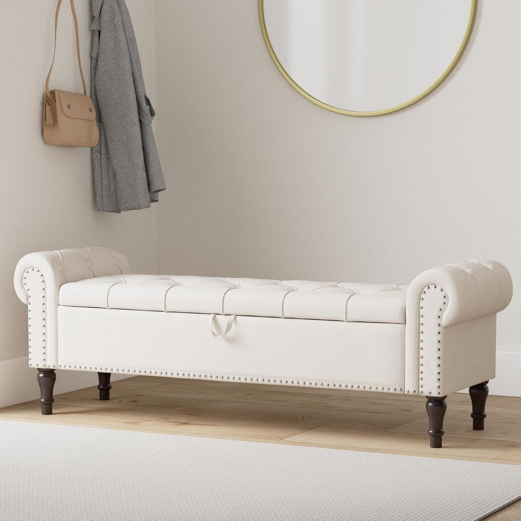 Storage Bench Ottoman, 61" King Linen Rolled Arm Bedroom End of Bed Bench, Window Bench with Button Tufted and