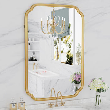 Gold Bathroom Mirror for Wall 20" x 30" Modern Rounded Corner Rectangle Mirror with Non-Rusting Iron Metal Framed