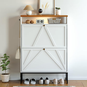 Shoe Storage Cabinet with 2 Flip Drawers, Modern Hidden Shoe Storage Organizer, Narrow Wooden Freestanding Shoe Rack