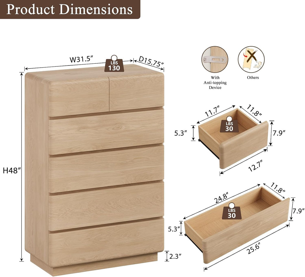 Natural 6 Drawer Dresser , 48" Tall Chest of Drawers | Curved Profile Design, Thickened Base, Handless design, Unique