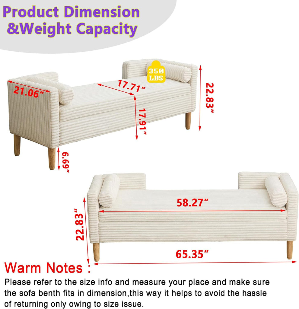 Corduroy Bed End Ottoman Bench with Storage,Upholstered Storage Benches with Back and Arms,65.35" Long Armed Storage