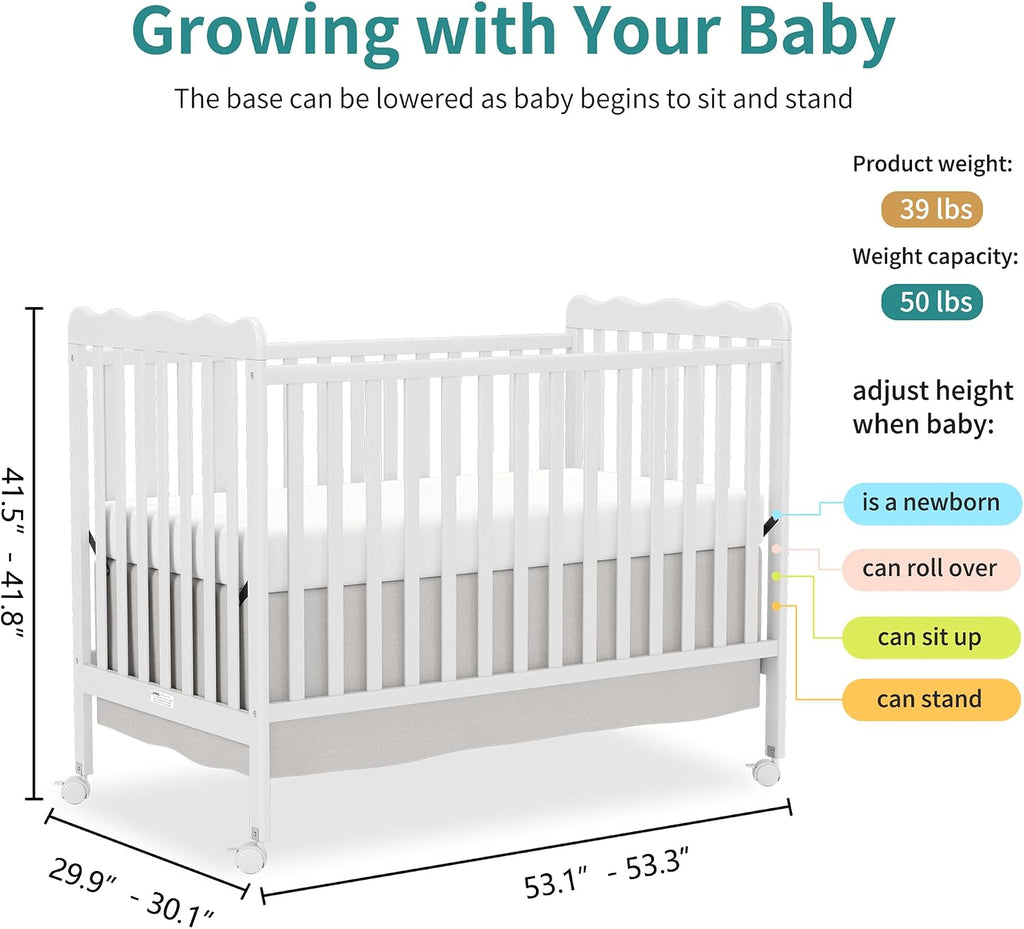 4-in-1 Convertible Wood Baby Crib, Toddler Bed & Daybed (White) | Locking Wheels, 3 Heights, Non-Toxic Finish, Easy