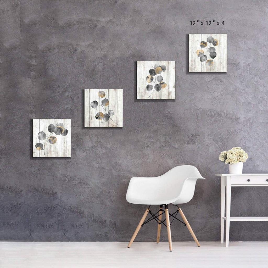 Leaf Artwork Botanical Canvas Print: Gray Leaves Painting Wall Art (4 PCS, Multi-Sized)