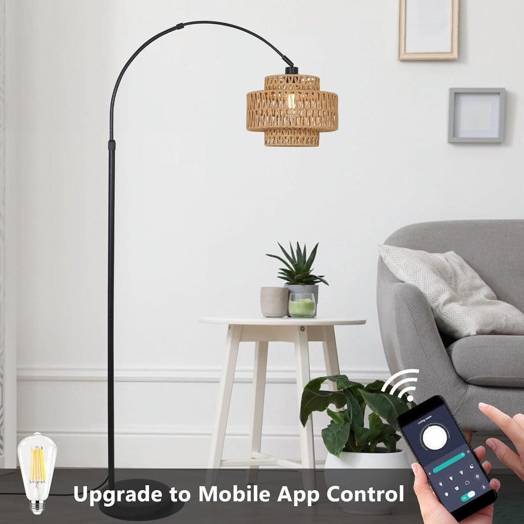 Arc Floor Lamp, Boho Rattan Floor Lamp with Remote, Black Standing Lamp with Dimmable Blub Timer