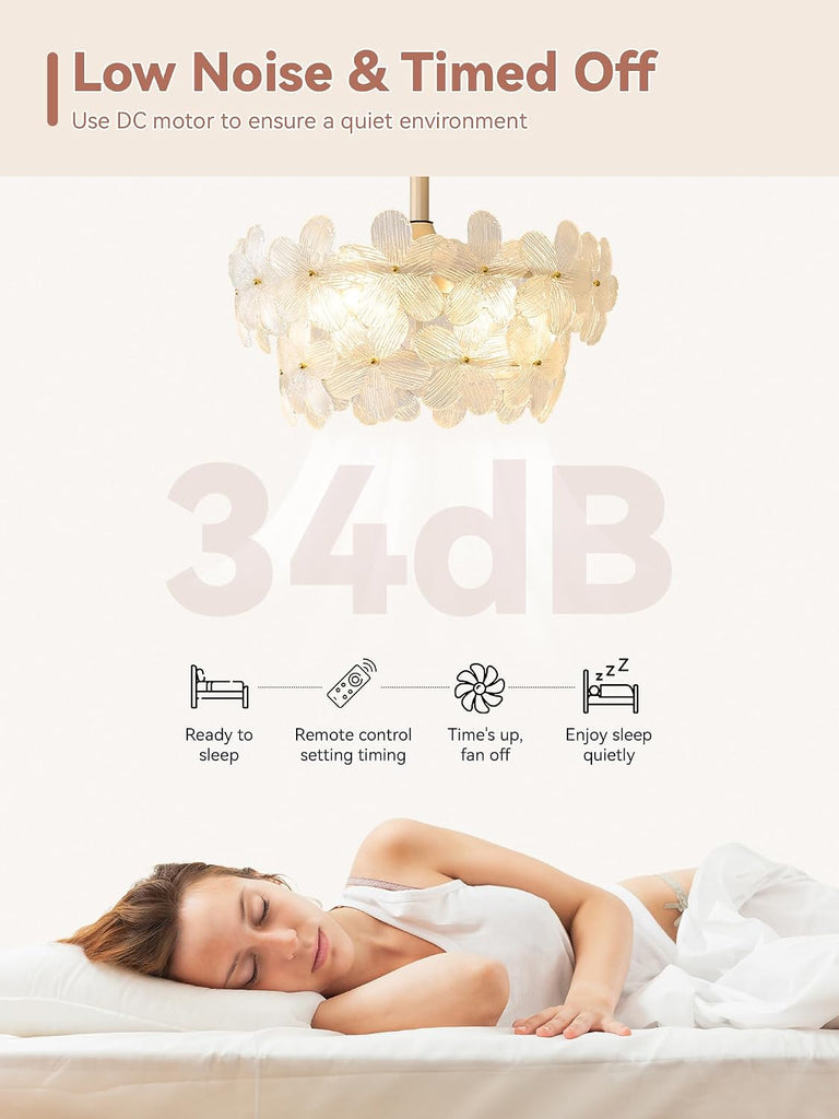 20" Gold Crystal Fandelier Ceiling Fans with Lights, Gold Flower Chandelier Ceiling Fan with Light Remote Control