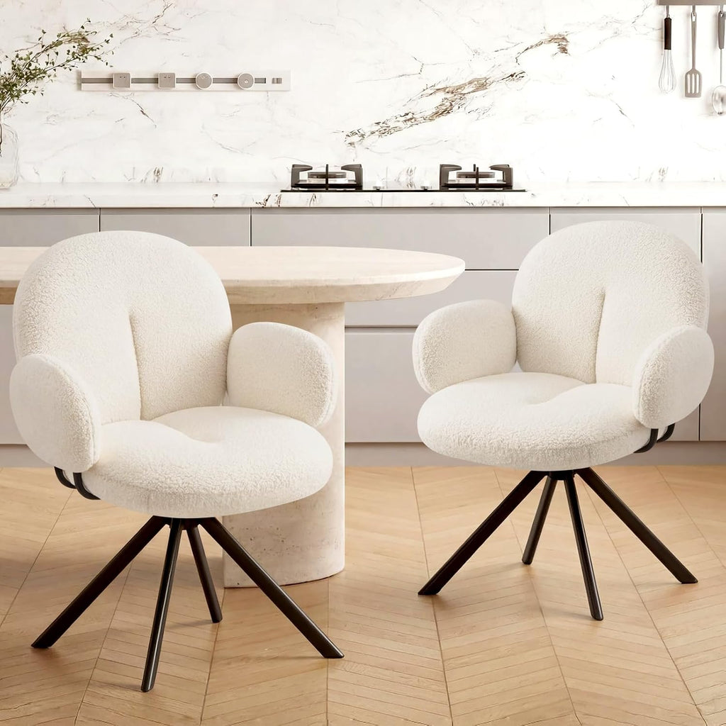 Cute Desk Chair No Wheels, 360° Swivel Accent Chairs with Arms, Modern Upholstered Dining Room Chairs with Tufted
