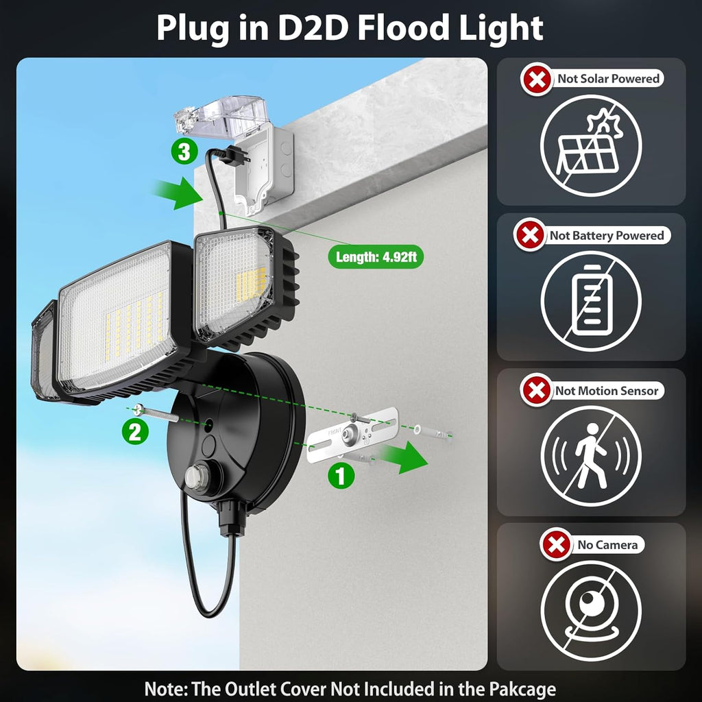 Dusk to Dawn Outdoor Lighting, Plug in Flood Light, Remote, Black | 100W 10000LM LED Security Light with Photocell, 2