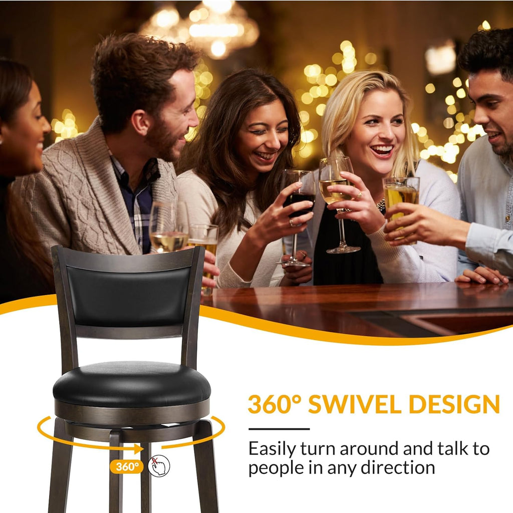 Swivel Bar Stools Set of 2, 24 Inch Counter Height Barstools, Black Faux Leather Bar Stool with High Backrest & Solid