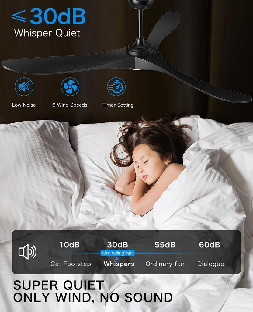 Inspired Maverick Style Ceiling Fans with Lights and Remote, 3 Solid Wood Blades, Outdoor Wooden Ceiling Fan with 2 Downrods for Patios, 60 Inch Modern Ceiling Fan with Noiseless Reversible DC Motor (Black)