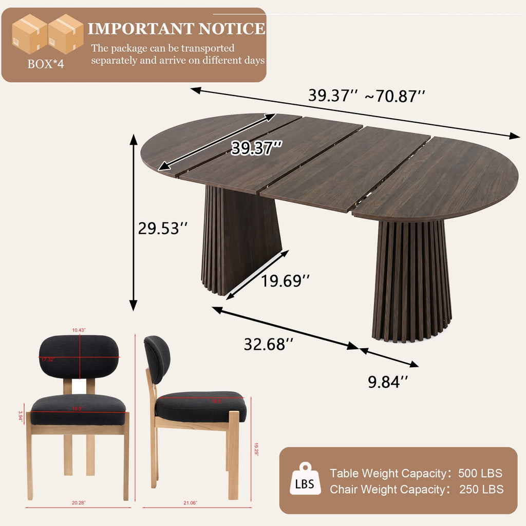 7-Piece Extendable Dining Table Set, 70" Walnut Table with 6 Black Chairs