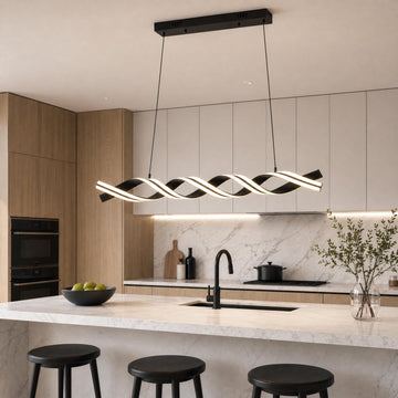 Modern LED Spiral Wave Chandelier, 45 Inch Smart Dimmable Hanging Pendant Light, 56W Linear Fixture Island, Black