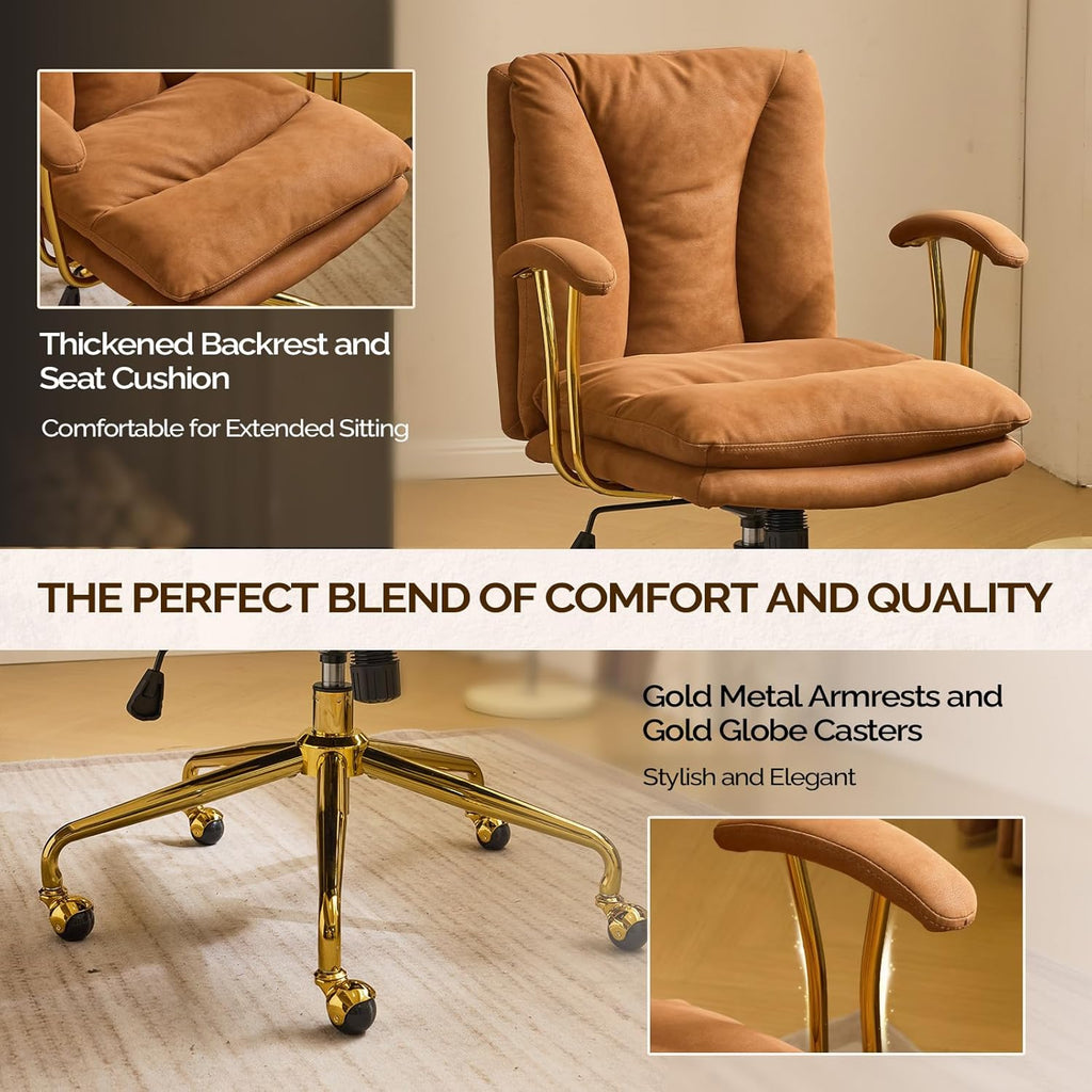 Home Office Desk Chair Comfy with wheels&Removable Armrests,Gold Base Vanity Chair with Back,Adjustable Rolling