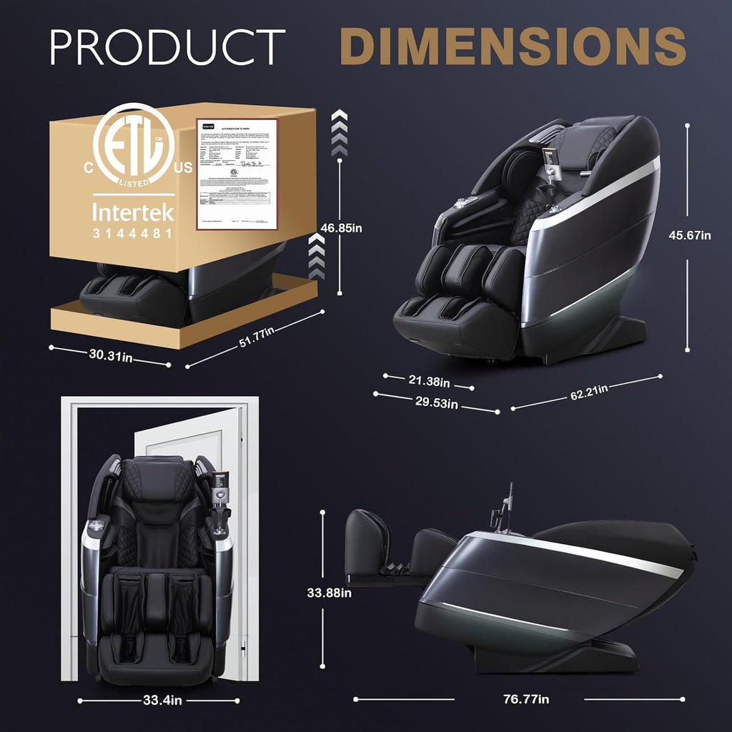 4D Massage Chair Full Body Zero Gravity 55" 166° Flexible SL-Track, Black | with Body Scan, Stretch, 36 Airbags, Heat