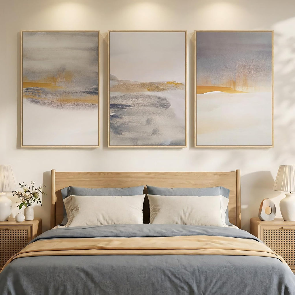 Framed Large Neutral Abstract Wall Art, Set of 3 Canvas Modern Prints Paintings, Minimalist Landscape Beige Gray