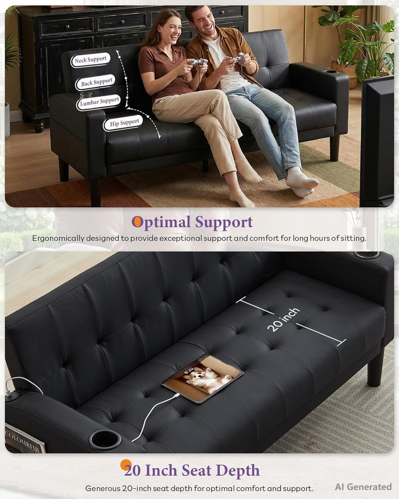 Sofa Couch, Living Room Furniture Sectional Sofa Sets 3 Pcs, Tufted Mid-Century Loveseat w/USB, Cupholders & Comfy