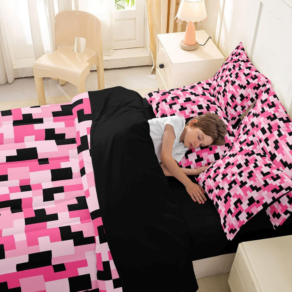 Pink Pixcel 7 Pcs Comforter Set, Block Building Bed in a Bag with Fitted Sheet & Pillowcases, Soft