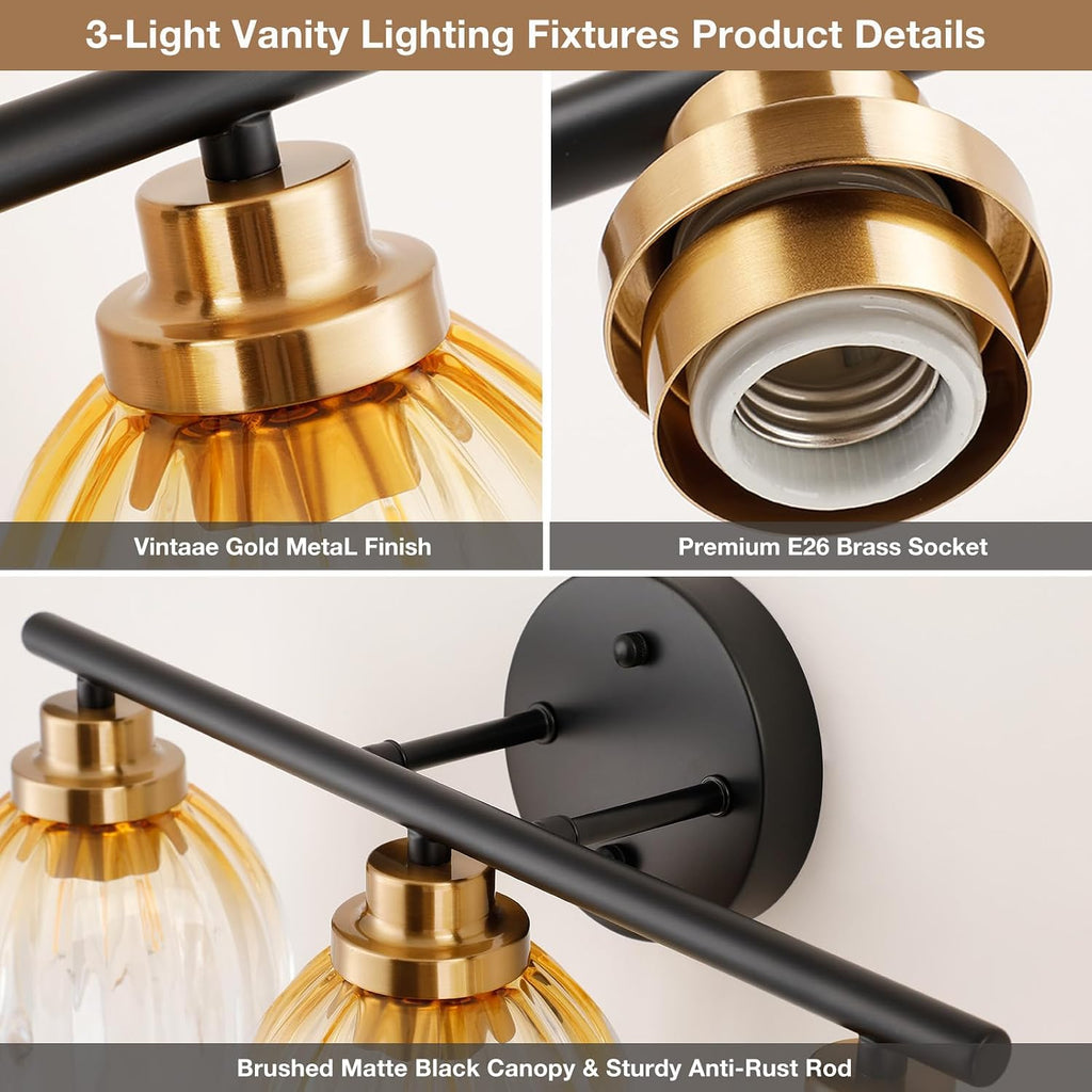 Black Gold 3-Light Bathroom Vanity Light with Amber Tulip GlassShade | Modern Vanity Lighting Fixtures, Bathroom