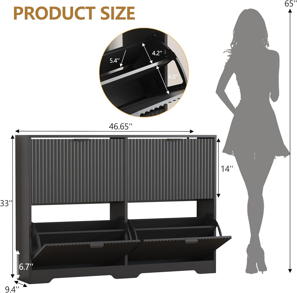 Shoe Cabinet Storage with 4 Flip Drawers, Black Fluted Shoe Cabinet with Adjustable Shelves, Wooden Hidden Shoe Rack