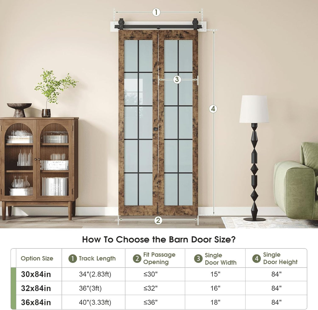 Preassembled Bifold Barn Door 30 x 84 in,Double 15 x 84 in Solid Wood & Grid Glass Panels, Bi-Fold B