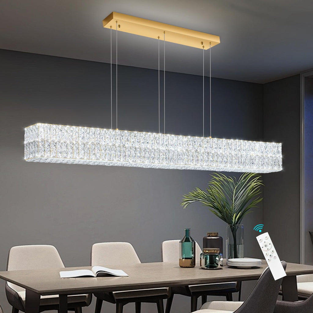 Rectangular Crystal Chandelier Dimmable LED Linear Chandeliers Remote Ceiling Pendants Light Fixture Island Gold