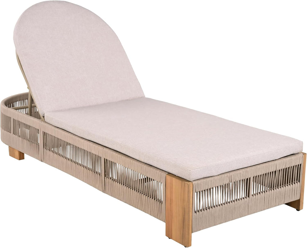 Outdoor Chaise Lounge Chair with Adjustable Backrest & Waterproof Cushion - Acacia Wood Pool Sun Lounger, Beige