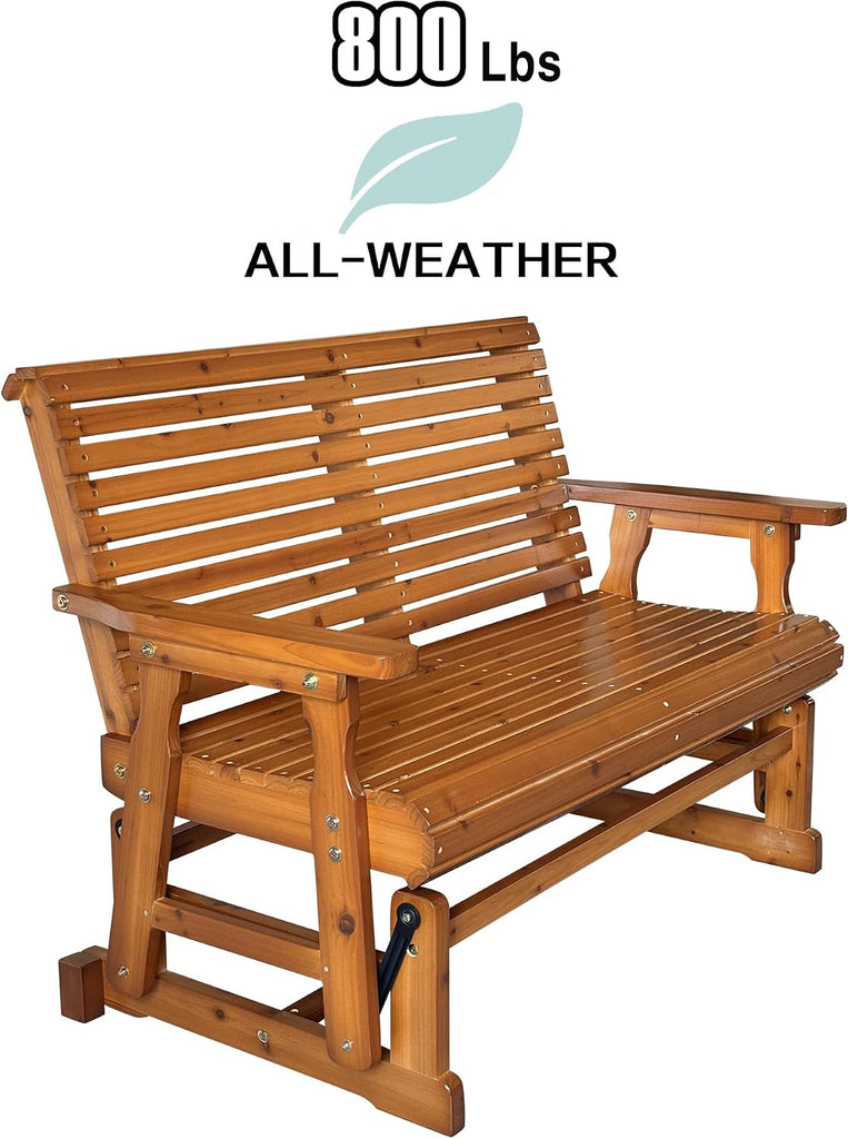Wooden Patio Glider with High Roll Back and Deep Contoured Seat, Solid Fir Wood, 2-Seater, Heavy Duty 800 LBS, 4 Ft.