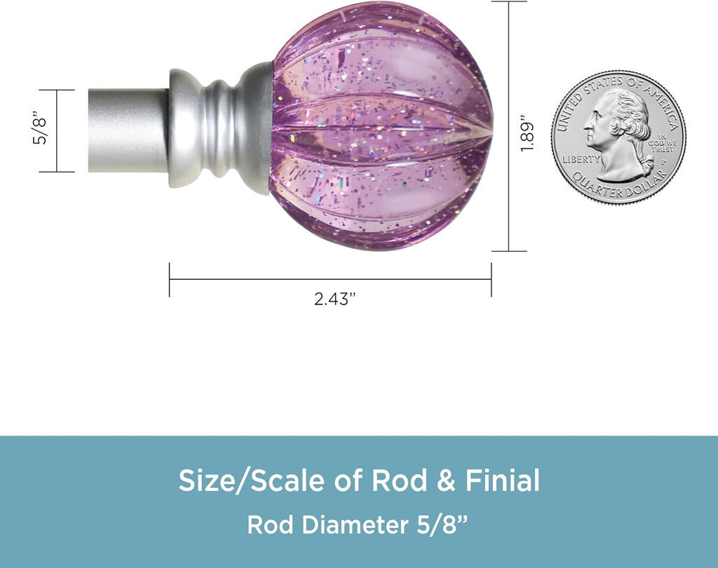 Estrella Curtain Rod, Durable Steel with Purple Sparkle Fluted Acrylic Ends, 5/8" Diameter, Adjustable 28-48"