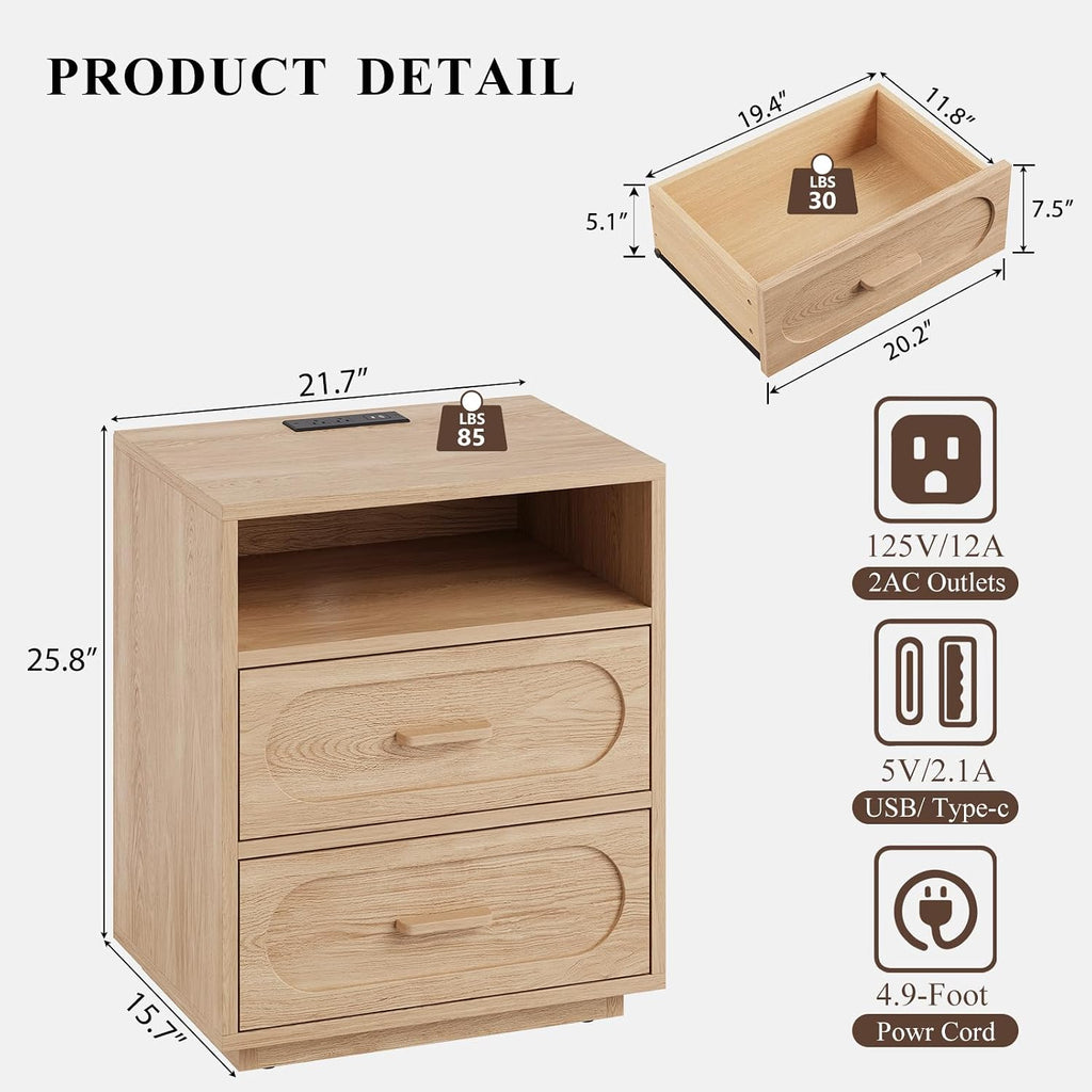 Nightstand with Charging Station, Modern End Table with 2 Drawers Storage, Space-Saving Wood Storage Cabinet with