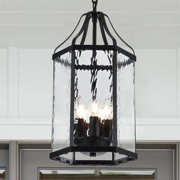 10" Modern 5-Light Exterior Black Lantern Pendant Light Fixture with Clear Rippled Glass Mini Industrial Hanging Cage