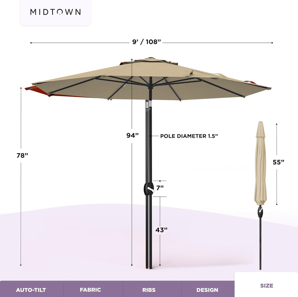 10-Year-No-Fade 9 Ft Patio Umbrella with Terylast Fabric, Auto-Tilt Aluminum Frame and 8 Reinforced Ribs Pool - Chestnut
