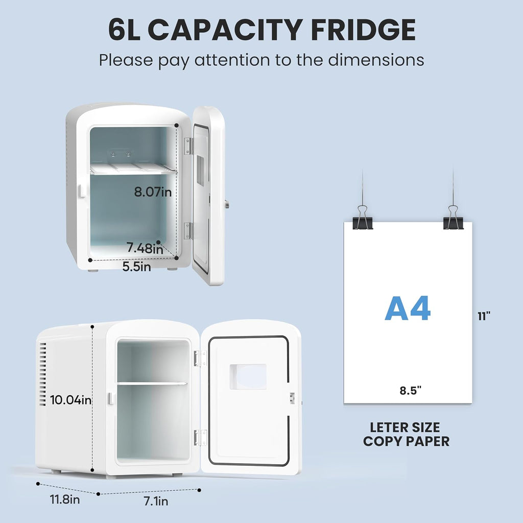 Mini Fridge, 6L/9 Can Skincare Beverage Small Refrigerator for Bedroom, Office, Dorm, Car, 100% Freon-Free Cooler and