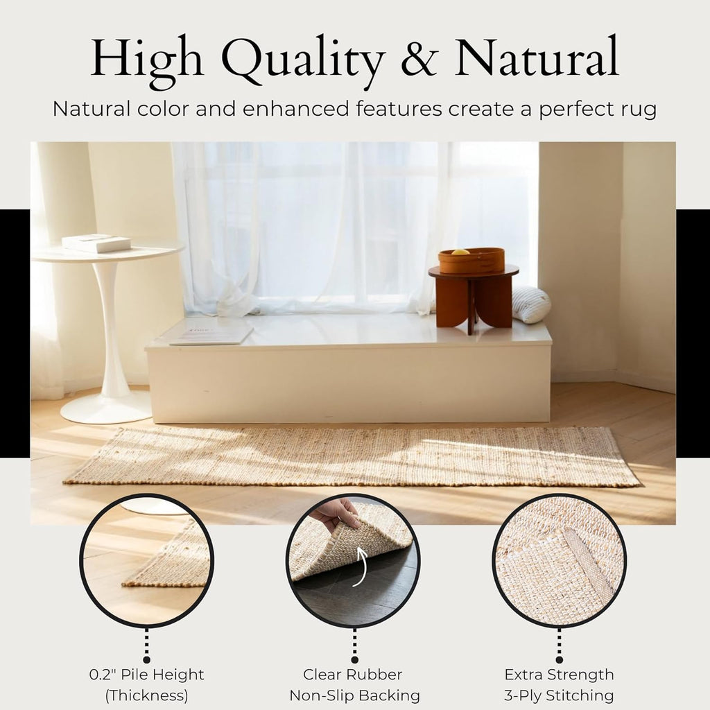 Jute-Cotton Rug 2x6 - Luxurious Natural Hallway Runner with Non-Slip Backing, Low-Profile Kitchen Ru