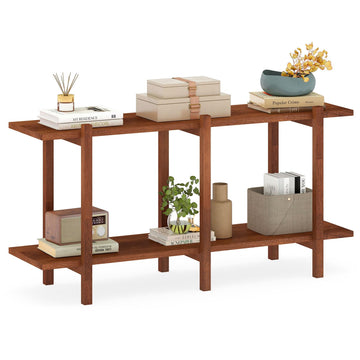 2-Tier Wood Bookshelf, 48" Modern Console Table with Wide Storage Shelf, Horizontal Rubber Wood Bookcase, Open