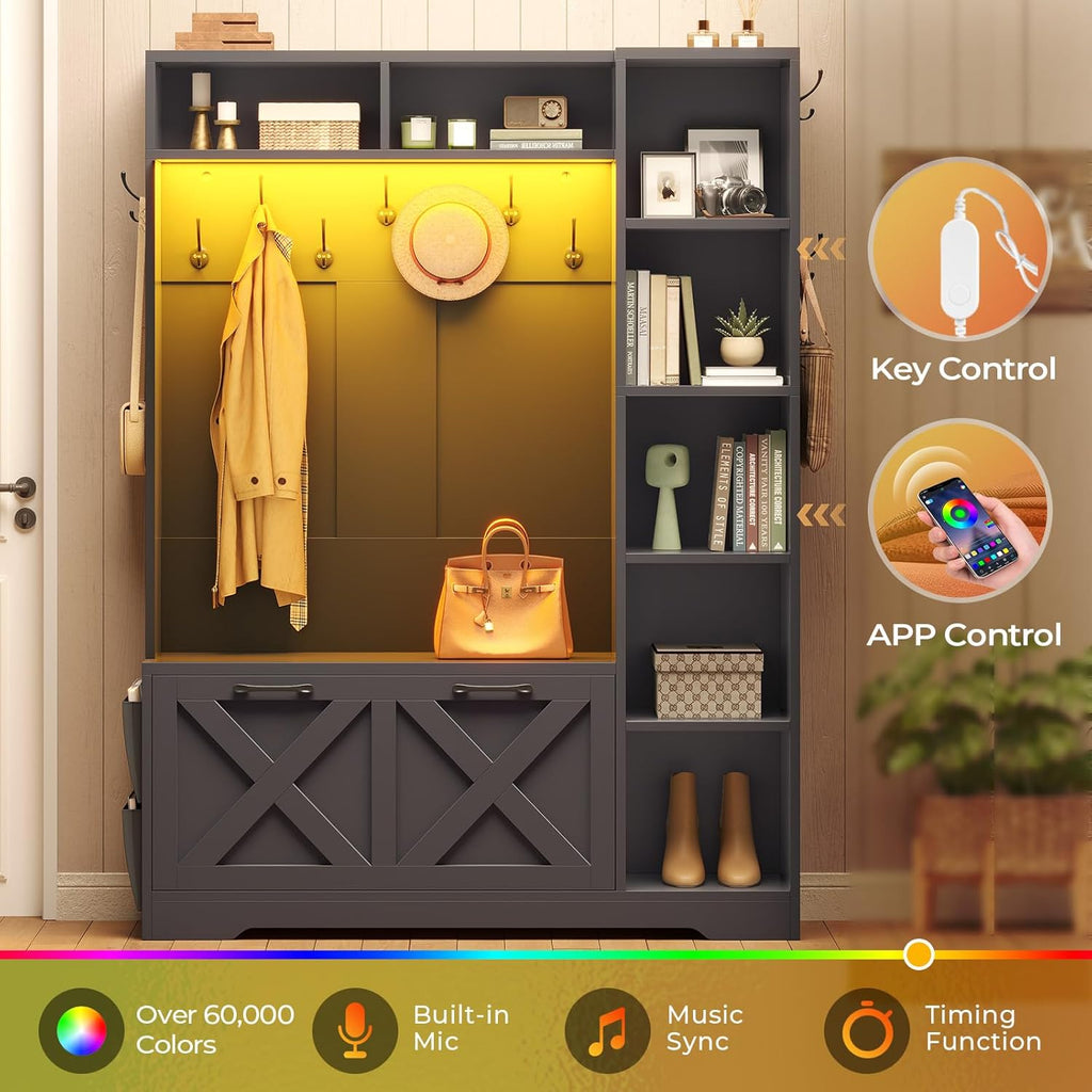 Hall Tree with Bench and Shoe Storage, Farmhouse Entryway Bench with Coat Rack, Shoe Cabinet with Flip Drawers, 7