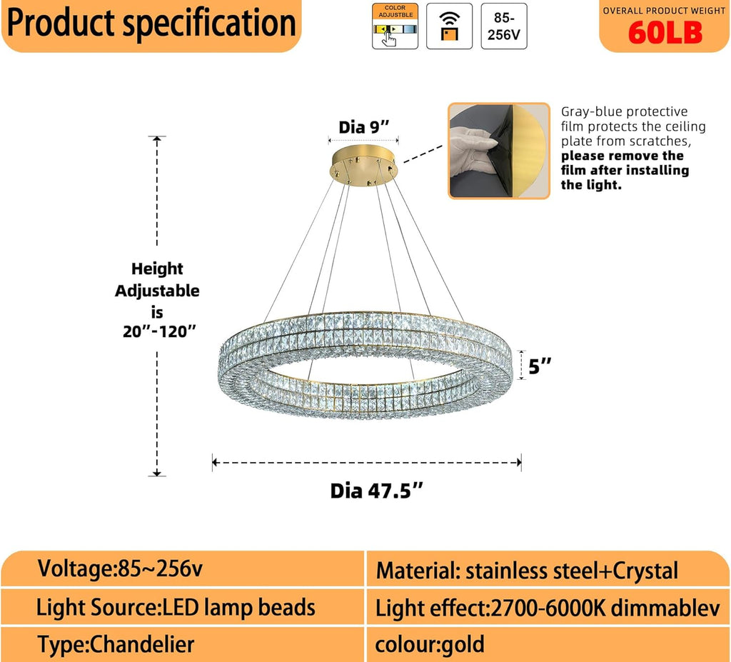 47.5 inch Large Ring Chandelier Gold Ring Pendant Light Round Crystal Chandelier for Dining Room Living Room Led Dimmable 2700k-6000k
