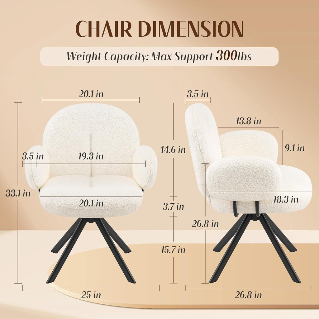 Cute Desk Chair No Wheels, 360° Swivel Accent Chairs with Arms, Modern Upholstered Dining Room Chairs with Tufted