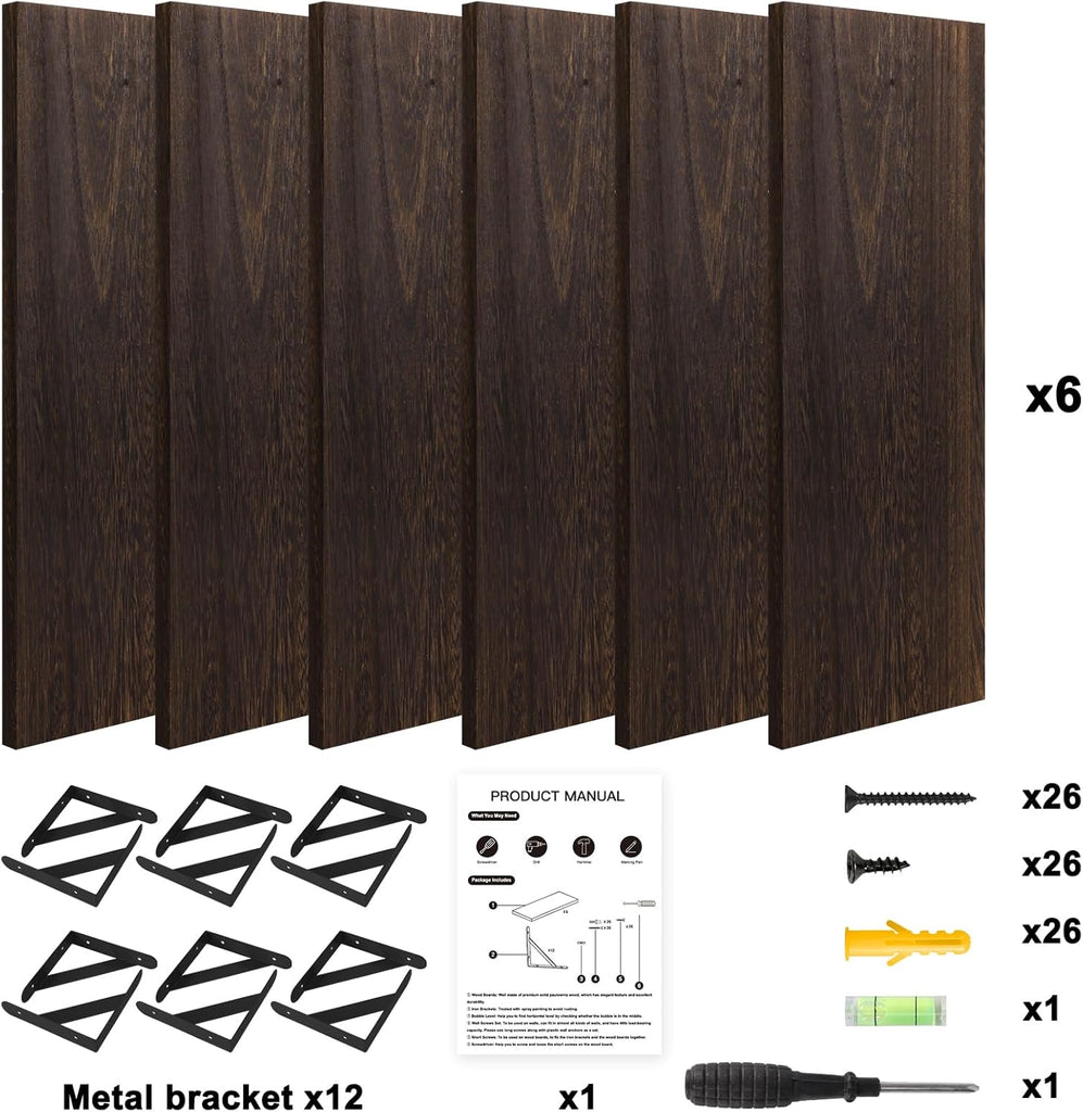 16.5in Floating Shelves for Wall Home Decor, Wood, Brown, Set of 6 | Rustic wood shelves with metal brackets.