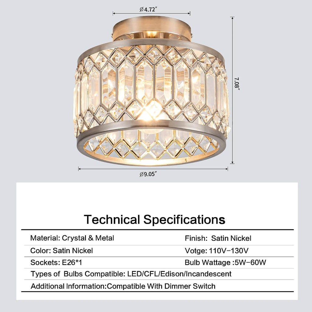 Crystal Ceiling Light Fixture, Modern Semi Flush Mount Ceiling Light,Crystal Chandelier Bedroom Bathroom Entryway